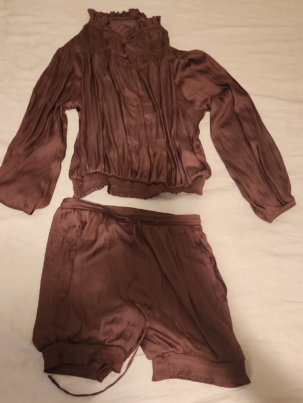 Brown Two-Piece Women’s Sleep Set - Long Sleeve Top & Shorts